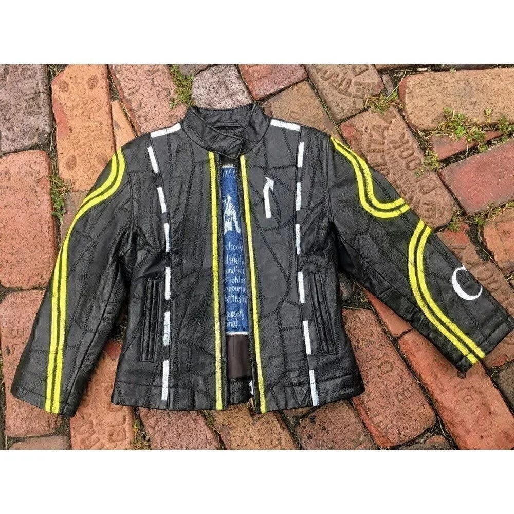 Vintage kids black leather patch zip-up jacket, yellow and white hand painted 4T